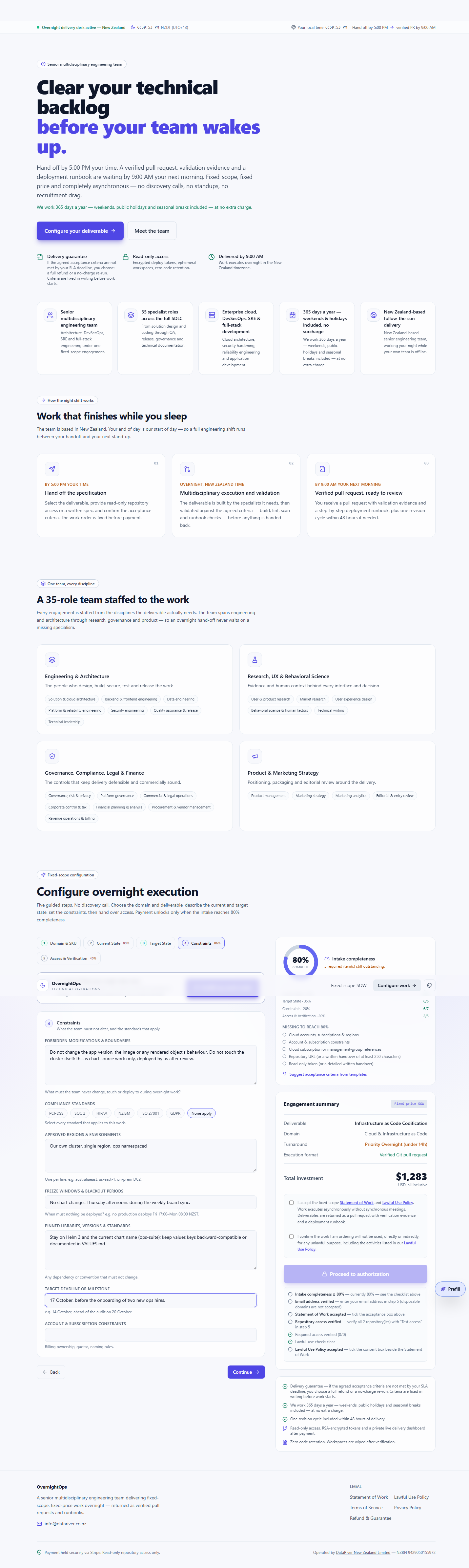 The Constraints section filled in for this example — forbidden changes, compliance standards, regions, freeze windows, pinned versions and the target deadline.