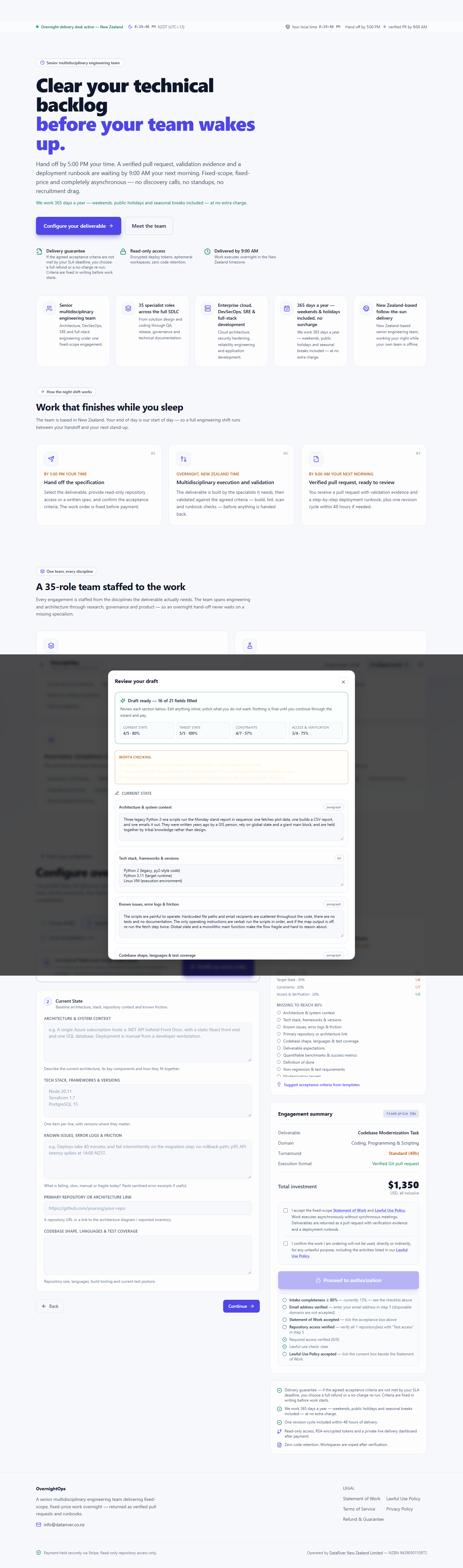The prefill review for this example — the draft work order reviewed section by section before submission, with completeness shown for each section.