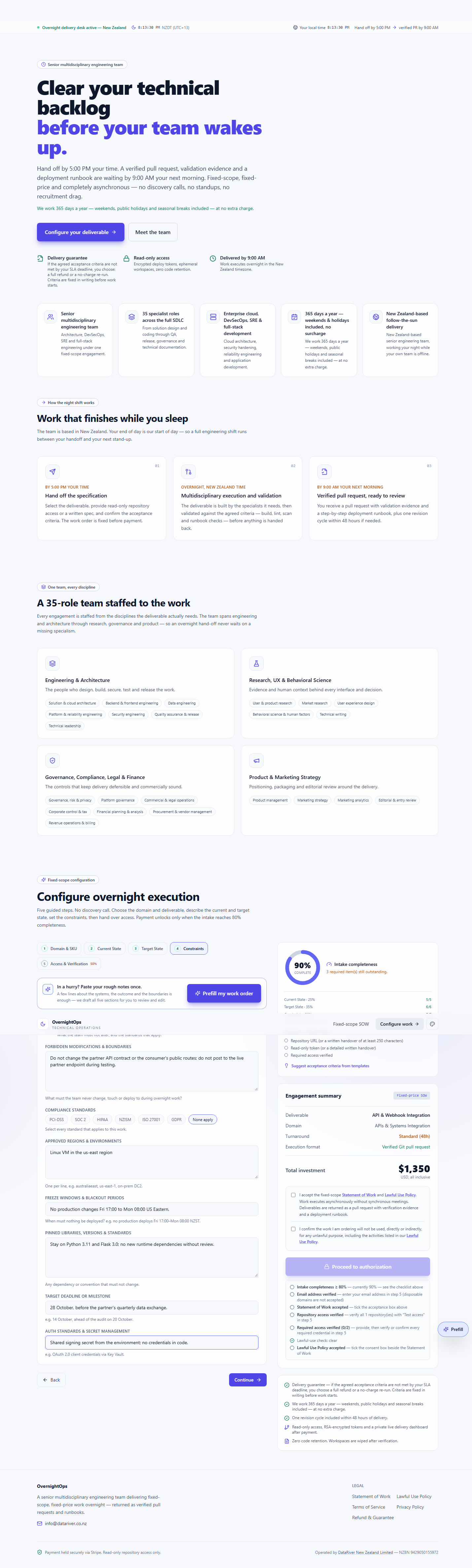 The Constraints section filled in for this example — forbidden changes, compliance standards, regions, freeze windows, pinned versions and the target deadline.