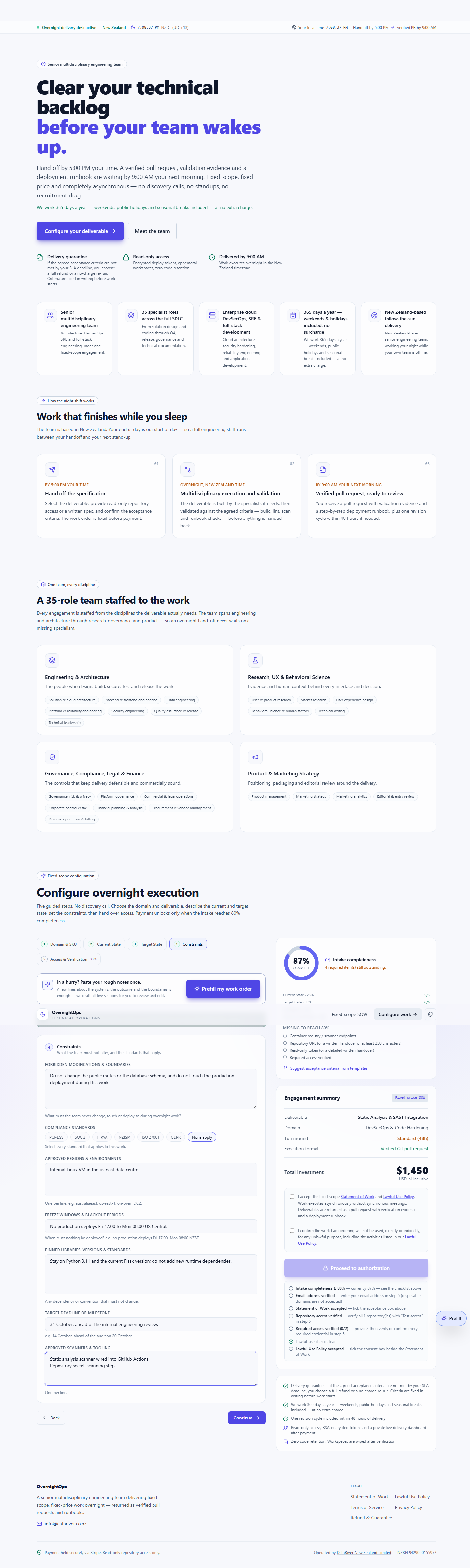 The Constraints section filled in for this example — forbidden changes, compliance standards, regions, freeze windows, pinned versions and the target deadline.