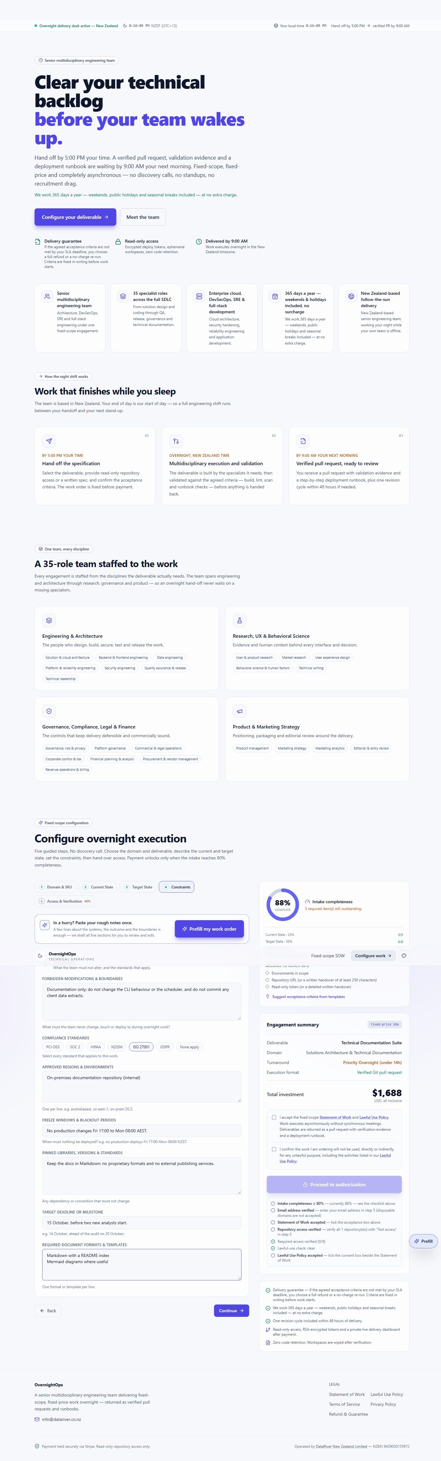 The Constraints section filled in for this example — forbidden changes, compliance standards, regions, freeze windows, pinned versions and the target deadline.